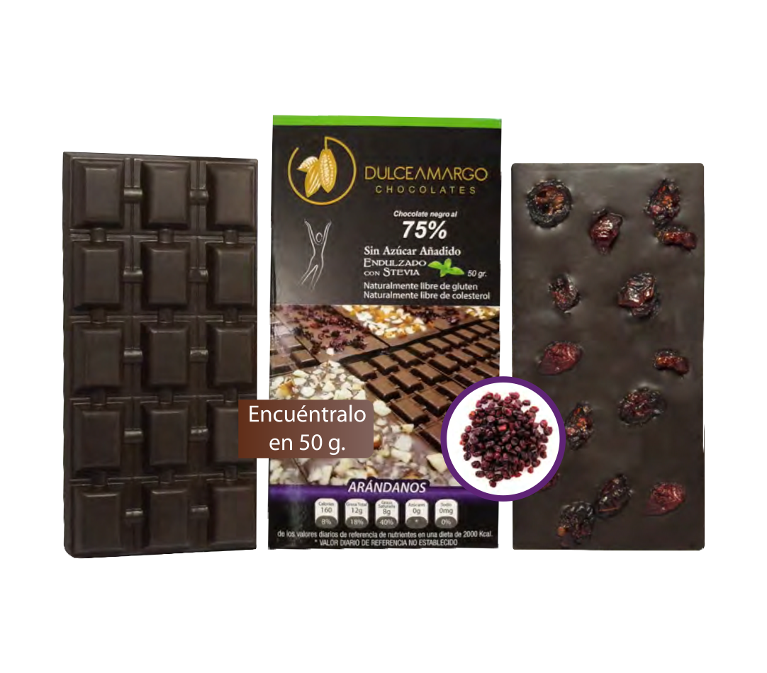 Chocolatina DulceAmargo Chocolate Negro Stevia Arandanos 50 gramos - Imagen 1